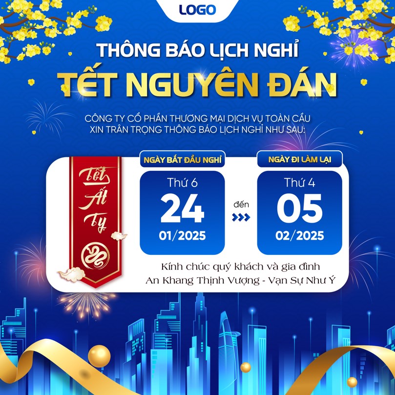 Banner poster chúc mừng năm mới thông báo lịch nghỉ tết happy new year tet holiday, poster tết